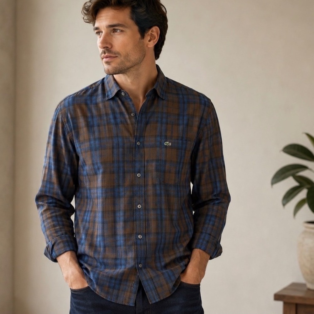Lacoste Mens Slim Fit Plaid Button Down Shirt Brown Blue Cotton Size 40